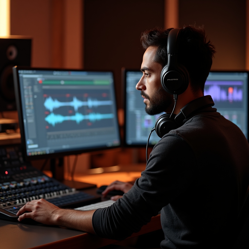 Ingegnere del suono che lavora alla post-produzione di un episodio podcast